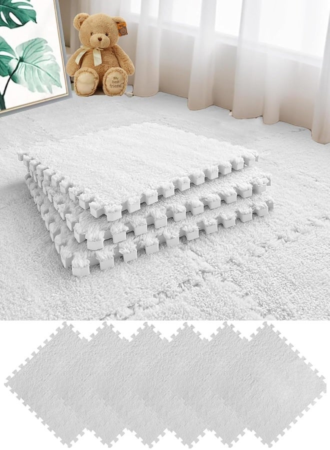6 Pcs Plush Foam Floor Mat Square Interlocking Carpet Tiles with Border Fluffy Play Mat Floor Tiles Fluffy Area Rugs Square Soft Climbing Area Rugs DIY Floor Crawling Mat Tiles for Home Playroom Decor (White) - Image 1